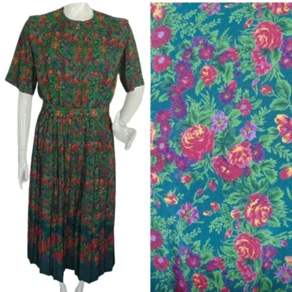 LESLIE FAY Dress, 10, Green Floral, Belt, Short Sleeves, Career, Poly, VINTAGE - Picture 1 of 16